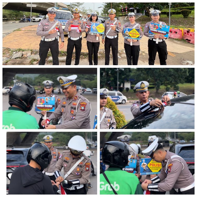 Satlantas Polresta Barelang Bagikan 200 Bendera Merah Putih di Flyover Laluan Madani