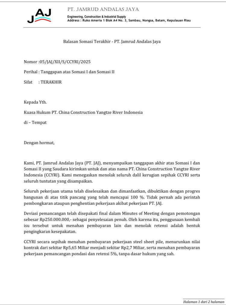 PT Jamrud Andalas Jaya Layangkan Balasan Somasi Terakhir, Tegaskan Tolak Seluruh Klaim CCYRI