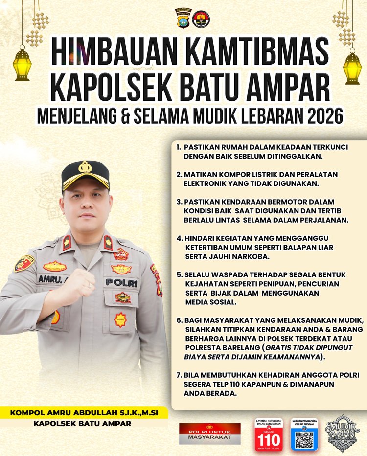Kapolsek Batu Ampar Sampaikan Himbauan Kamtibmas Jelang dan Selama Mudik Lebaran 2026