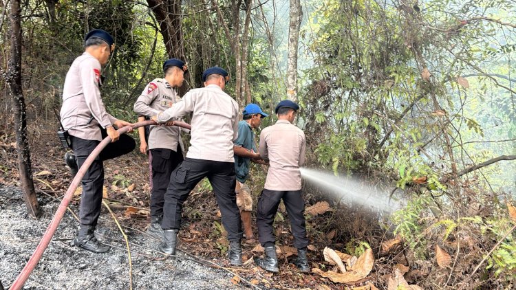 TIM KARHUTLA POLDA KEPRI LAKUKAN PEMADAMAN TERBAKARNYA LAHAN DI PANTAI NIRWANA DAN BUKIT DAENG