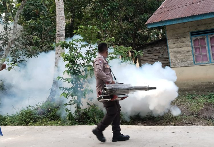 Cegah Penyebaran DBD, Bhabinkamtibmas Desa Jagoh Bersama Puskesmas Laksanakan Fogging