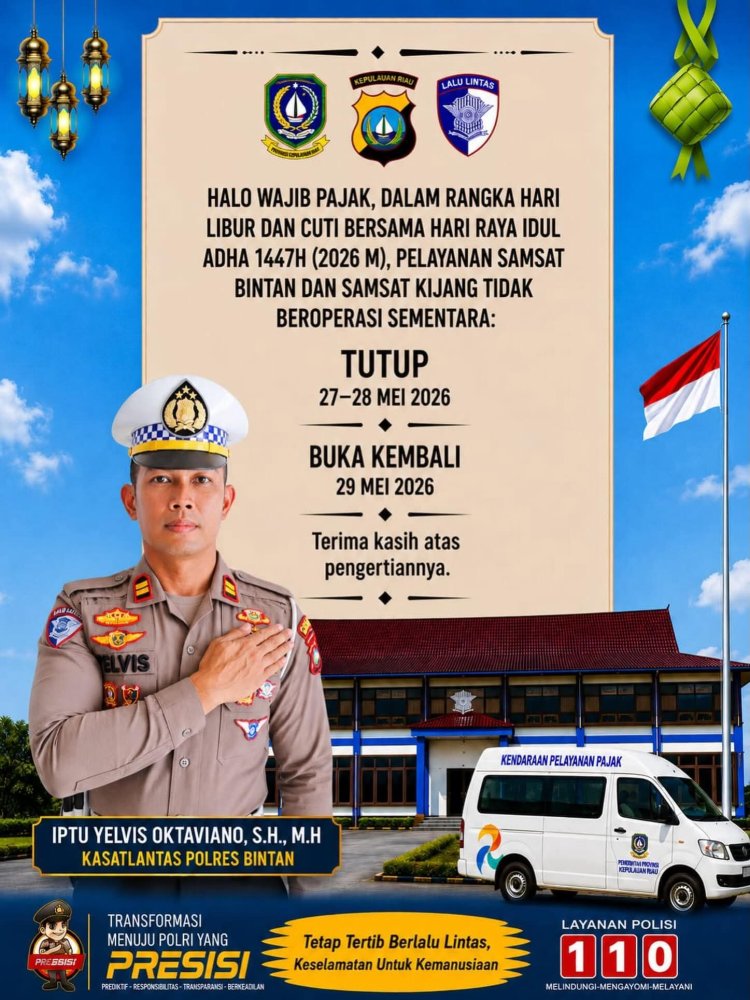 Layanan Samsat Bintan dan Kijang Libur Sementara Saat Idul Adha, Buka Kembali 29 Mei 2026