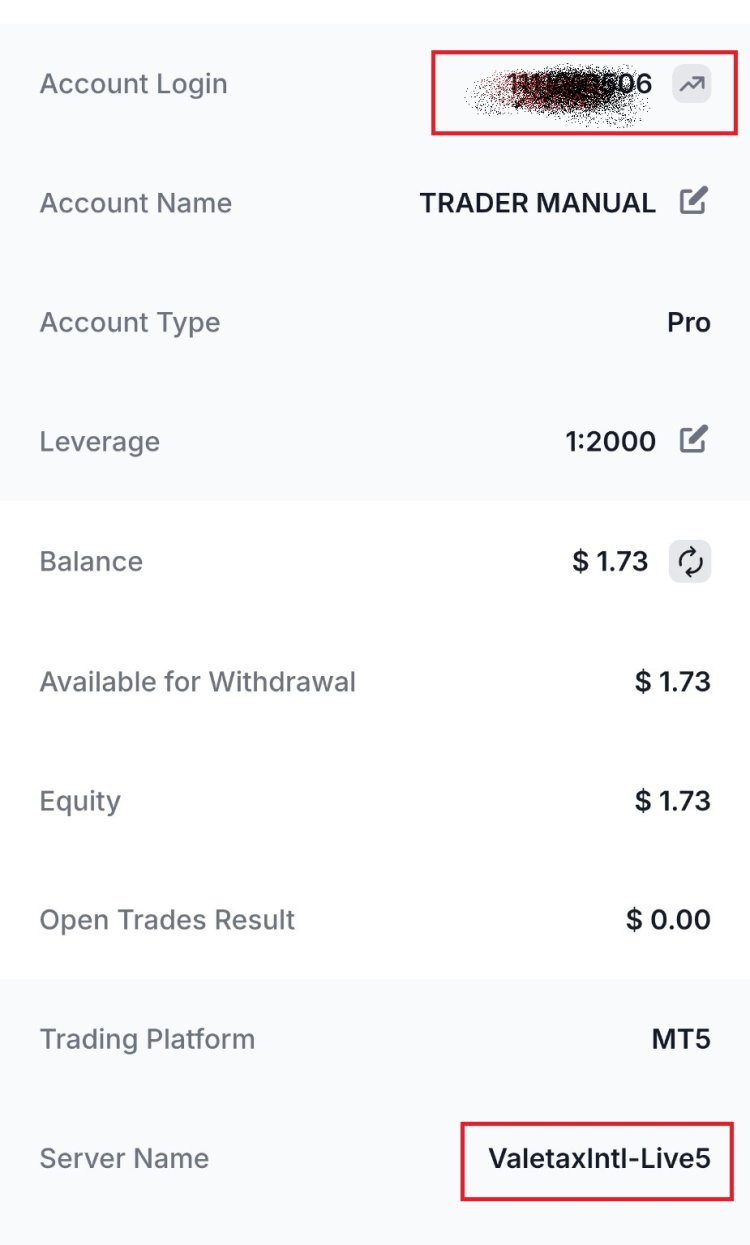 Data akun trading Valetax nomor login platform dan server