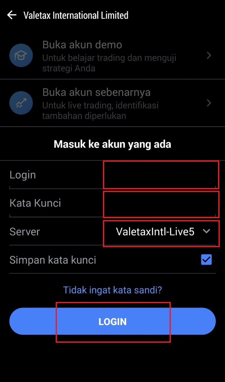 Cara memasukkan login password dan server Valetax di MT5