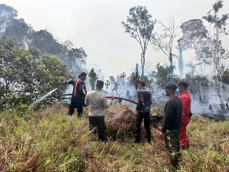 Hari Kelima, Personel Polsek Daik dan Tim Gabungan Terus Berjibaku Padamkan Karhutla di Desa Sungai Besar